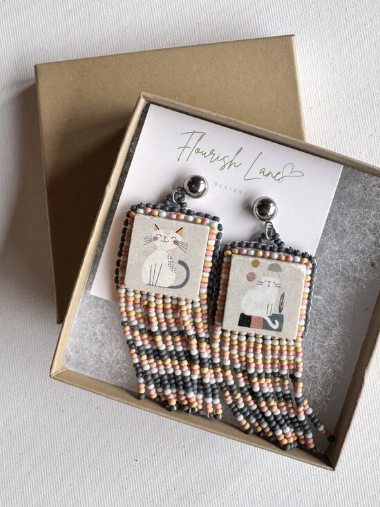 Handmade Ceramic Cat Fringe Earrings Beaded Statement Dangles - Picture 10 of 10